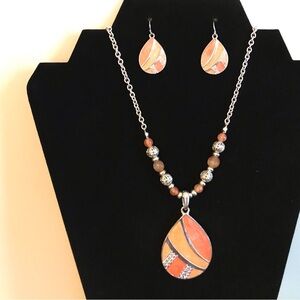 Coral and Peach Enamel Necklace and Earring Set
